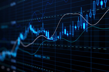 Perspective view of stock market growth, business investing and data concept with digital financial chart graphs, diagrams and indicators on dark blue blurry background. 3D rendering