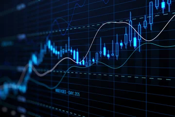 Gardinen Perspective view of stock market growth, business investing and data concept with digital financial chart graphs, diagrams and indicators on dark blue blurry background. 3D rendering © Who is Danny