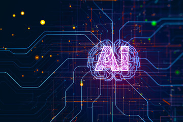 Artificial intelligence, machine learning and futuristic technology concept with digital pink ai sign and human brain symbol in form of processor on dark background with microcircuit. 3D rendering