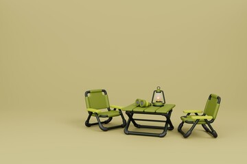 Campsite with camping chair and elements for camping, summer camp, traveling, trip, hiking. Minimal style 3d rendering.