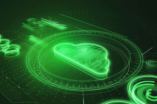 Modern design illustration with neon style cloud icon, cloud computing technology and hosting concept on dark green background. 3D Rendering