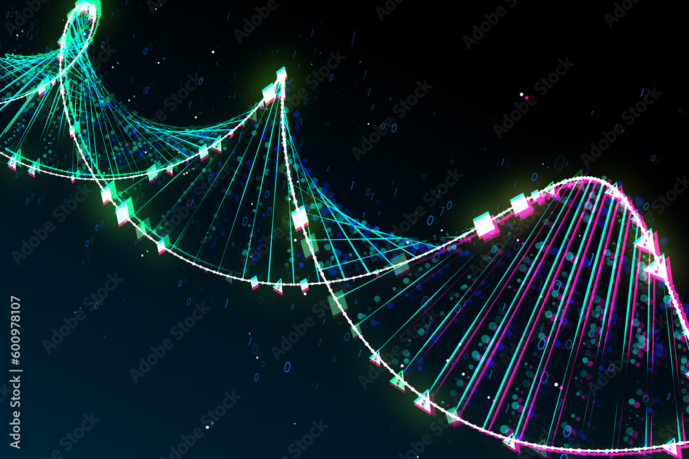 Aufkleber Future, science, genetics and innovation technology concept with bright digital DNA molecule made from binary code and pixels on abstract dark background. 3D rendering