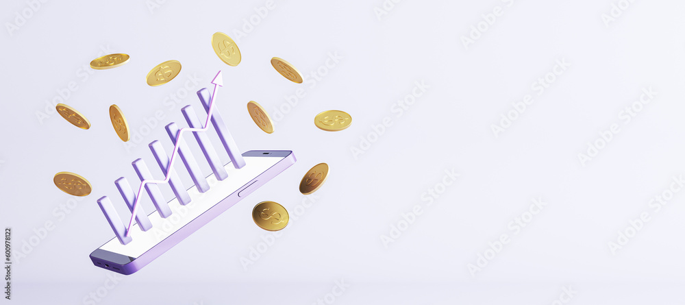 Aufkleber abstract cellphone with creative business chart and golden dollar coins on light wide background wit