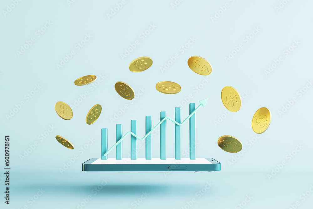 Poster abstract image of cellphone with creative business chart and golden dollar coins on light blue backd