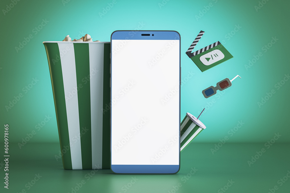 Poster creative green online movie theater background with mock up smartphone, pop corn and other items. mu