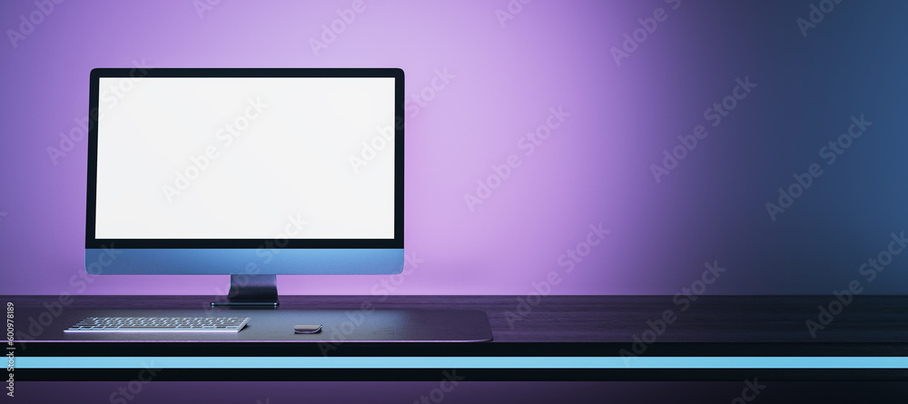 Aufkleber Abstract purple desktop with empty white mock up computer monitor. Office concept. 3D Rendering.