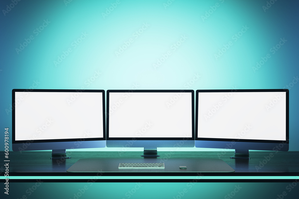 Poster Abstract blue workplace with three empty white mock up computer monitors. Office concept. 3D Rendering.