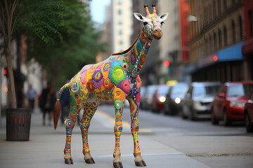 Hippie giraffe walking in NY
