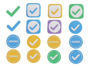 A set of icons that say approved, passed, and verification icon 3d rendering vector illustration