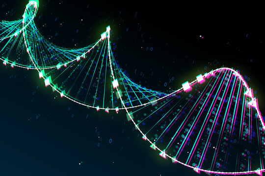 Future, science, genetics and innovation technology concept with bright digital DNA molecule made from binary code and pixels on abstract dark background. 3D rendering