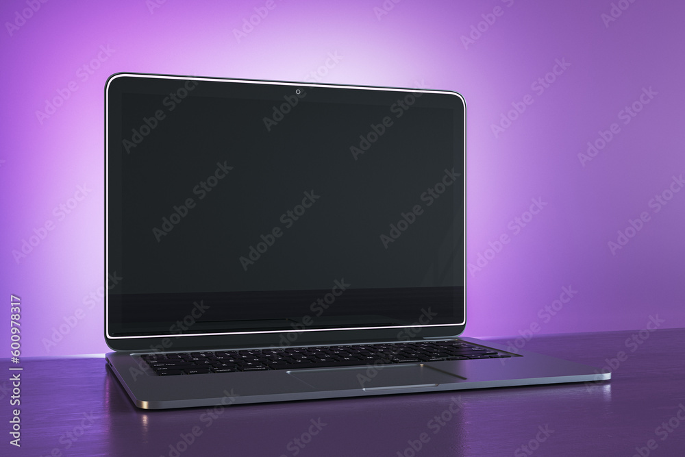 Poster creative purple designer workplace with empty black mock up laptop screen . 3d rendering.