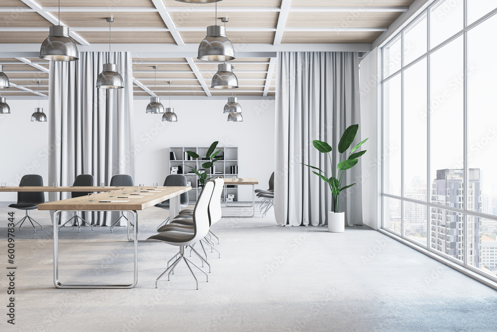 Poster modern boarding room interior with curtain partitions, furniture and window with city view and dayli