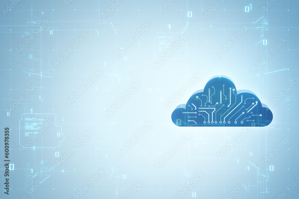 Poster Cloud technology, data exchange, storage concept with digital blue cloud symbol with circuit on light abstract matrix technological background with place for advertising poster. 3D rendering, mockup