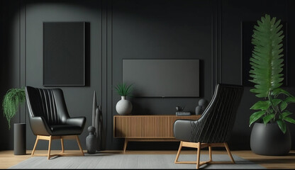 Modern luxury living room interior background, living room interior mockup, interior with black walls, dark interior of living room with black wall, chair, and wooden console. Generative AI