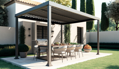 Modern patio furniture include a pergola shade structure, an awning, a patio roof, a dining table, seats, and a metal grill. Generative AI
