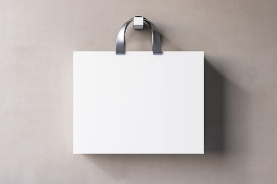 Shopping or present concept with front view on blank white paper bag with silver handles and place for company logo or advertising text on light beige wall background. 3D rendering, mockup