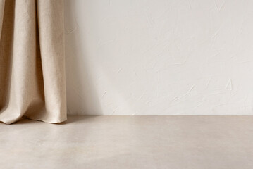 Neutral empty room background, white plaster wall, beige stone floor or tabletop, linen curtain, elegant home interior design template, sustainable Scandinavian style, copy space