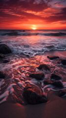 Obraz premium Colorful sunset over the beach with ocean waves. Generative AI