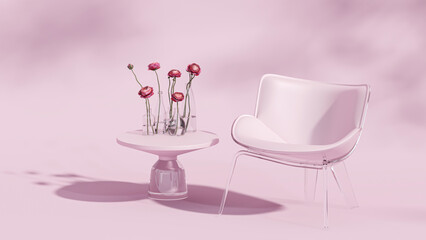 3D podium display, pastel pink background with rosie flowers. Pink bow tie armchair and glass vase. Minimal pedestal for beauty, cosmetic product. Valentine, feminine copy space template 3d render	
