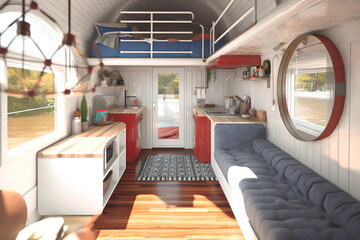 A living room with a couch and a kitchen. Tiny house interior. Generative AI.