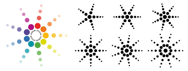 Small circles or dots arranged in star like shape, version with five ten rays, can be used as infographics element or part of logo
