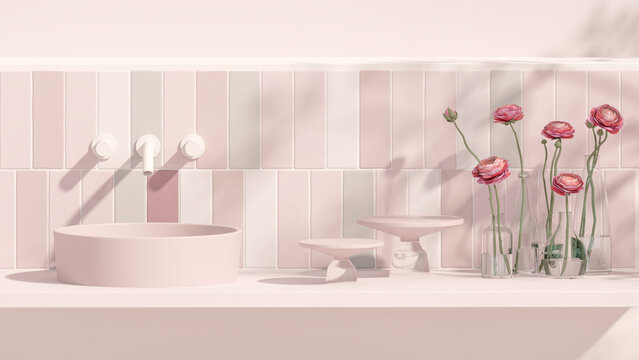 3D render an empty pink vanity counter with ceramic washbasin and modern style faucet in a bathroom with rose vase, morning sunlight and shadow. Blank space for products display mockup. 	
