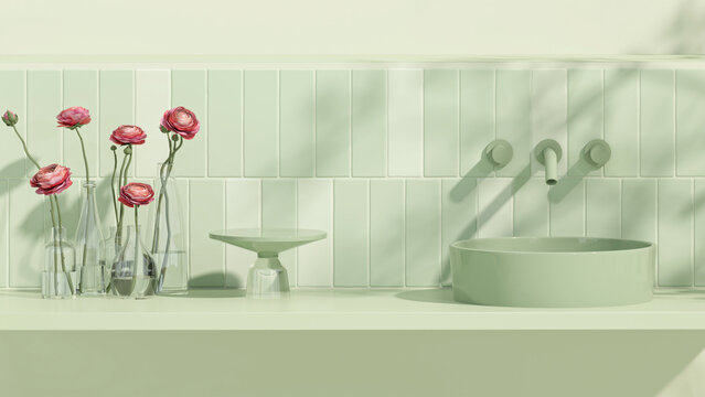 3D render an empty green vanity counter with ceramic washbasin and modern style faucet in a bathroom with rose vase, morning sunlight and shadow. Blank space for products display mockup. 	
