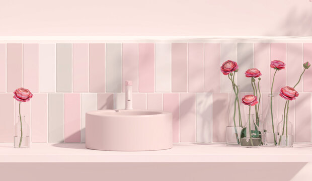 3D render an empty pink vanity counter with ceramic washbasin and modern style faucet in a bathroom with rose vase, morning sunlight and shadow. Blank space for products display mockup. 	