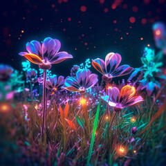 beginning of spring bright luminous neon colors flowers on a meadow field, Generative Ai