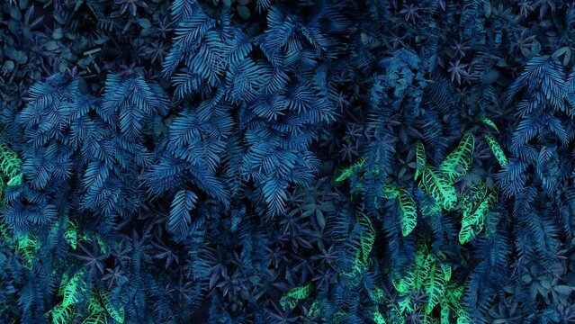 a background of 3d blue leaves. 3d animation of blue leaves in the wind. blue leaves wall. close up of fantasy leaves in the wind