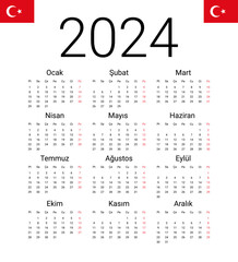 Turkish 2024 calendar. Vector design template start from monday. Full months for wall calendar