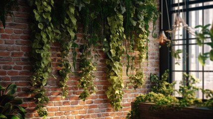 Fototapeta na wymiar Red Brick Wall with Lush Green Plants. Generative AI