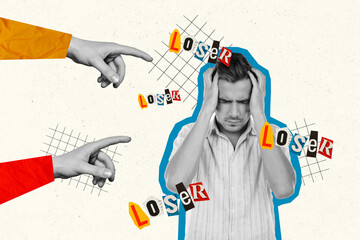 Creative poster collage of depressed stressed man hands touch head head ache finger point cruel haters bullying office tired exhausted - obrazy, fototapety, plakaty