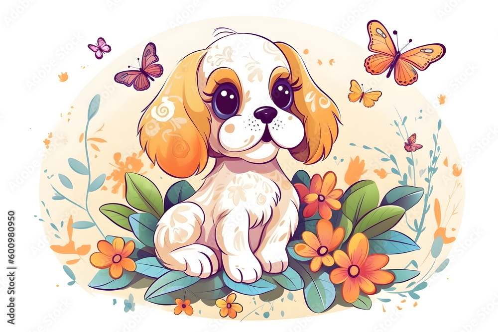 Sticker cute puppy is sitting on flowery branch with butterflies in the background. generative ai.