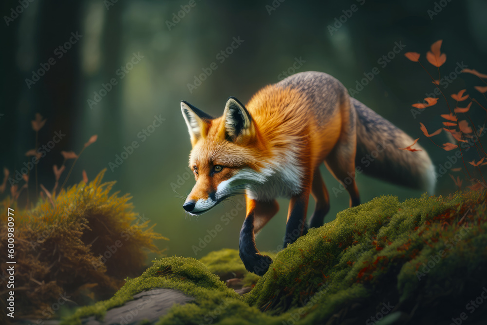 Sticker Image of red fox running through mossy area in the woods. Generative AI.