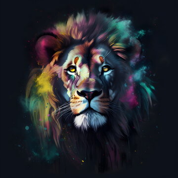 Image of lion's face with colorful paint splatters. Generative AI.