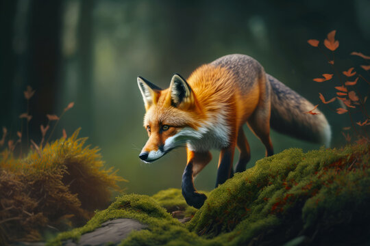 Image of red fox running through mossy area in the woods. Generative AI.