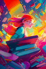 Girl sitting on top of pile of books in front of colorful background. Generative AI.