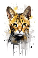 Generative ai illustration of savanna cat watercolor painting style isolated on white background