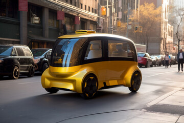 Generative Ai illustration of a Autonomous futuristic cab carrying a person on a city street