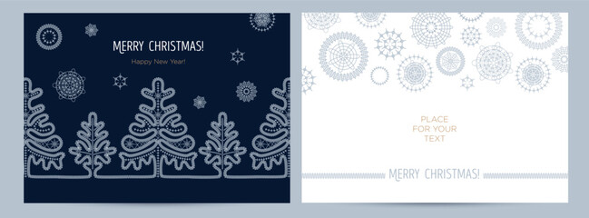 Abstract Christmas greeting banner or card. Lacy snowflakes decoration and Christmas tree on a dark blue background. New Year's design template with a window for text. Vector flat. Vertical format