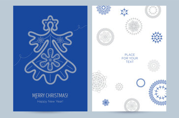 Christmas greeting banner or gift card in craft style. Lacy angel and snowflakes on a blue background. New Year's design template with a window for text. Vector flat. Vertical format