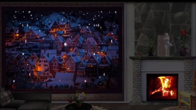 Background Christmas animation of a cozy living room with fireplace on a snowy night, idyllic and tranquil holiday atmosphere.