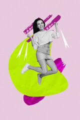 Magazine billboard funky collage of happy excited young woman jumping on bright background winning shopping lottery