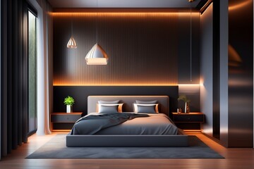 Illustration of modern dark bedroom with decoration on the wall,created with Generative AI technology.