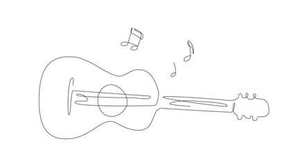 One line acoustic guitar illustration with notes. Music band instrument line art. steel guitar logo icons vector design. - obrazy, fototapety, plakaty