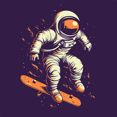 Astronaut skater character in spacesuit playing skateboard Vintage logo badge vector illustration for t shirt and poster design © stylusstudio