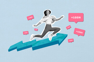 Magazine template collage of young lady flying high on arrow achieve million followers on her facebook instagram blog