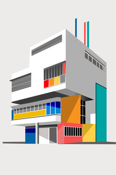 Vector edificio Bauhaus de colores geom&eacute;trico, arquitectura bauhaus cuadrada para portada, poster bauhaus decoraci&oacute;n, fondo de pantalla bauhaus de colores llamativos con fondo gris