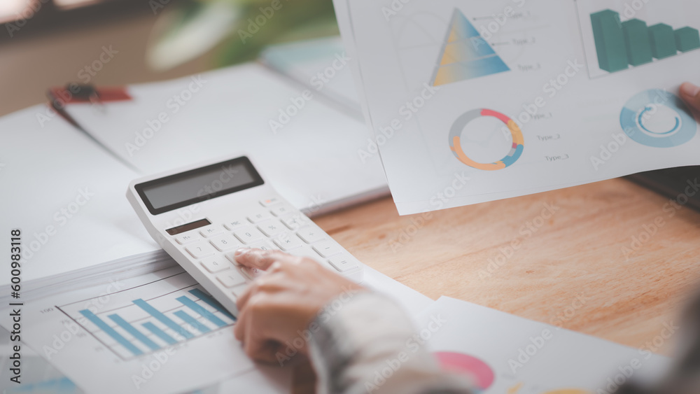 Aufkleber businessman using a calculator to calculate numbers ,profit and loss statement review of company per